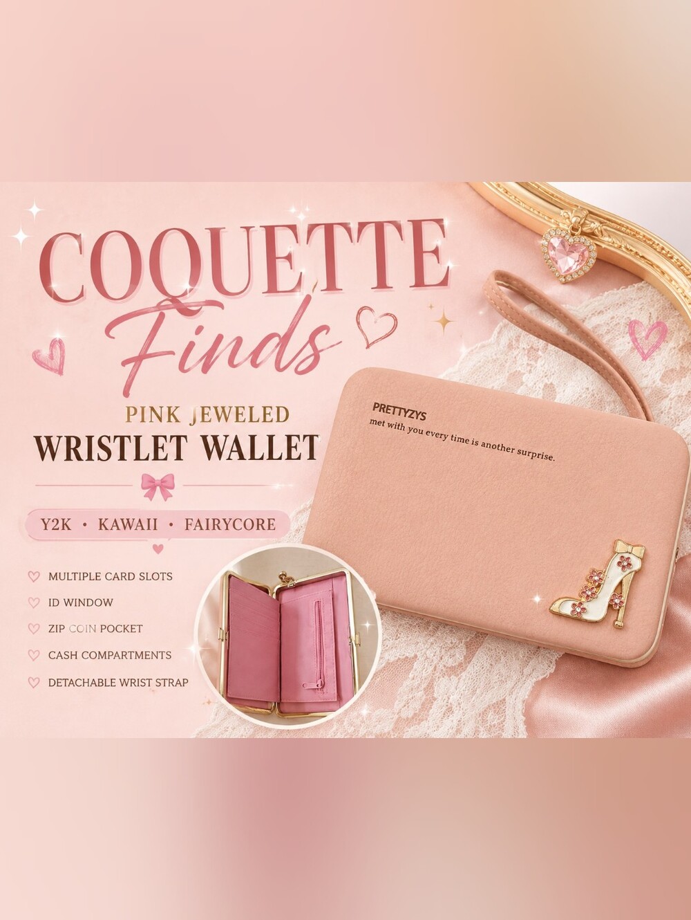 Coquette Pink Wristlet Wallet w/ Jeweled High Heel Charm | Y2K Fairycore